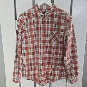 Roots Canada Womens Plaid Button‎ Up Shirt Medium Orange Green Outdoors Cabin